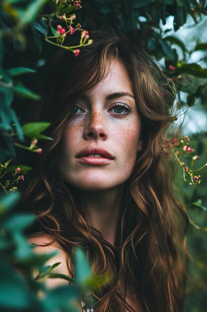 Portret van een mooie jonge vrouw met rood haar en groene ogen