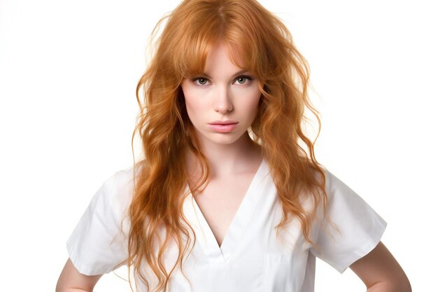 Portret van een mooie jonge vrouw met rood haar geïsoleerd op een witte achtergrond