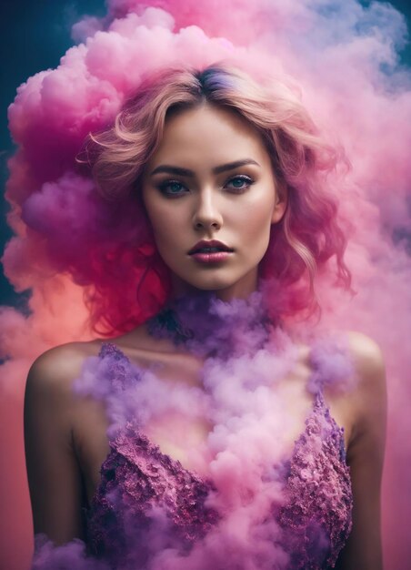 Portret van een mooie jonge vrouw met roze haar en rookwolken ai generatief