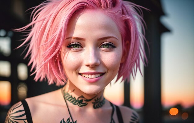 Portret van een mooie jonge vrouw met roze haar op straat generatieve ai