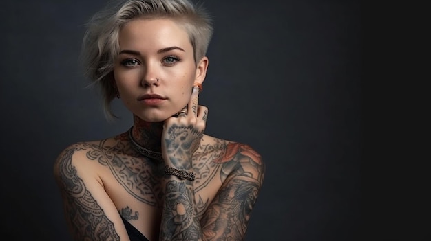 Portret van een mooie jonge vrouw met tatoeages op haar armengeneratieve ai
