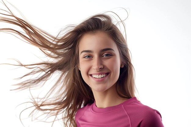 Foto portret van een mooie jonge vrouw met vliegend haar op een witte achtergrond