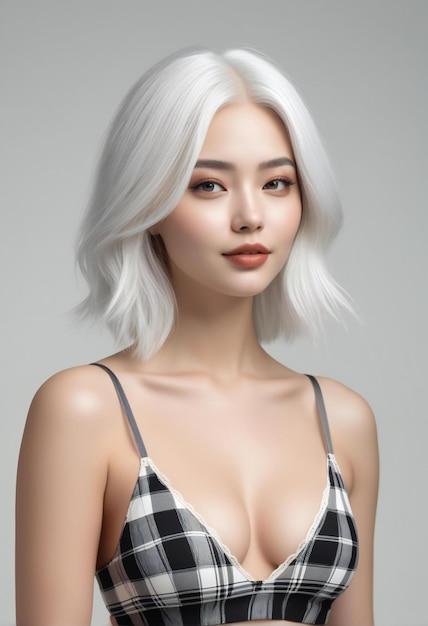 Portret van een mooie jonge vrouw met wit haar en een geruite hemd