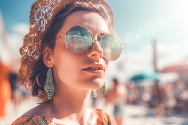 Portret van een mooie jonge vrouw met zonnebril op het strand Gemaakt met generatieve AI-tools