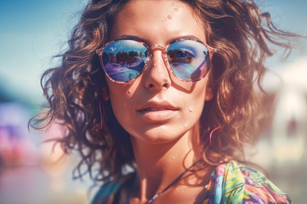 Portret van een mooie jonge vrouw met zonnebril op het strand Gemaakt met generatieve AI-tools