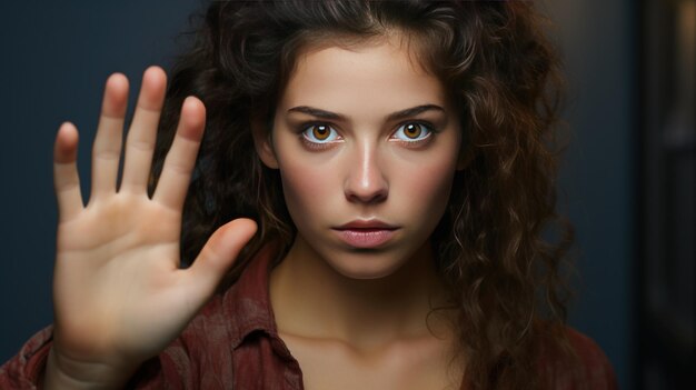 Foto portret van een mooie jonge vrouw op een donkere achtergrond meisje toont stop gebaar