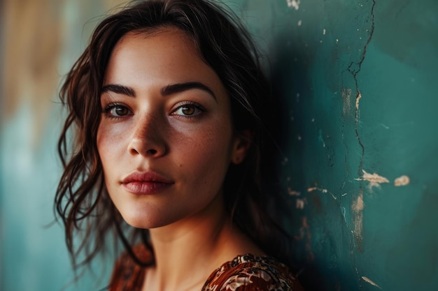 Portret van een mooie jonge vrouw tegen een groene muur