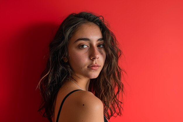 Portret van een mooie jonge vrouw tegen een rode muur