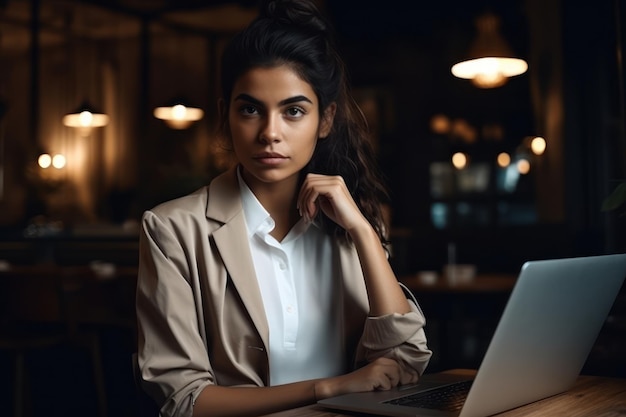 Portret van een mooie jonge zakenvrouw die op laptop werkt in café Generative AI