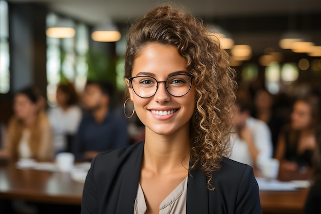 Portret van een mooie jonge zakenvrouw met een bril in een café