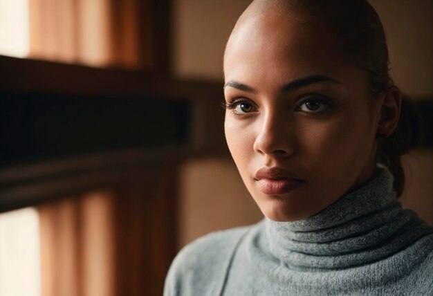 Portret van een mooie kale jonge Afro-Amerikaanse vrouw in close-up met schone frisse huid