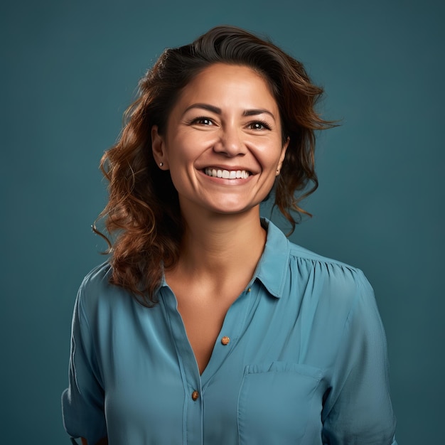 portret van een mooie latina vrouw die lacht op een blauwe achtergrond