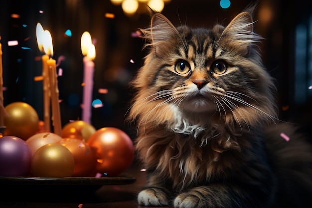 Portret van een mooie maine coon-kat op de achtergrond van balloonsgeneratieve ai