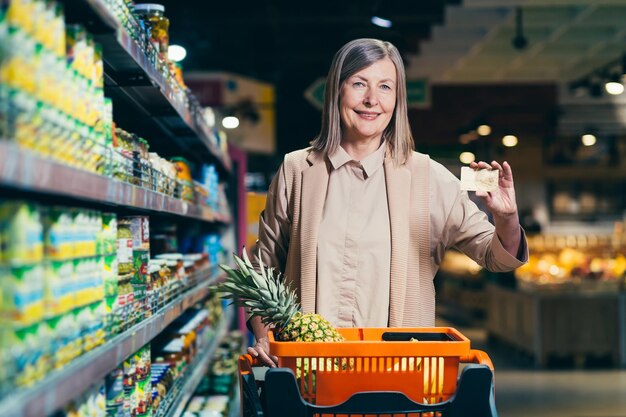 Portret van een mooie oudere vrouw in een winkelsupermarkt met een creditcard