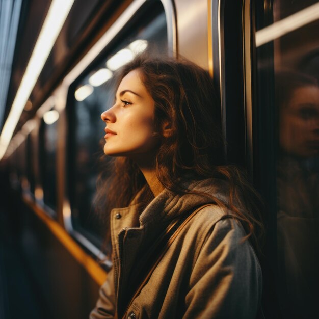 Portret van een mooie reiziger vrouw die op de trein leunt