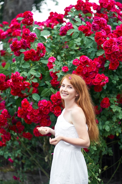 Portret van een mooie roodharige meisje gekleed in een witte lichte jurk op een achtergrond van bloeiende rozen.