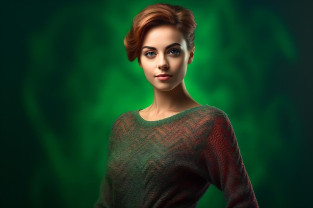 Portret van een mooie roodharige vrouw in een groene trui