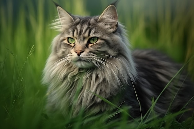 Portret van een mooie Siberische kat op groen gras