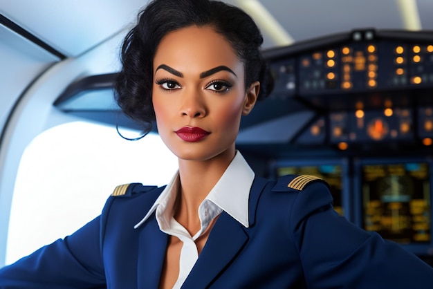 Portret van een mooie stewardess in de vliegtuigcabine