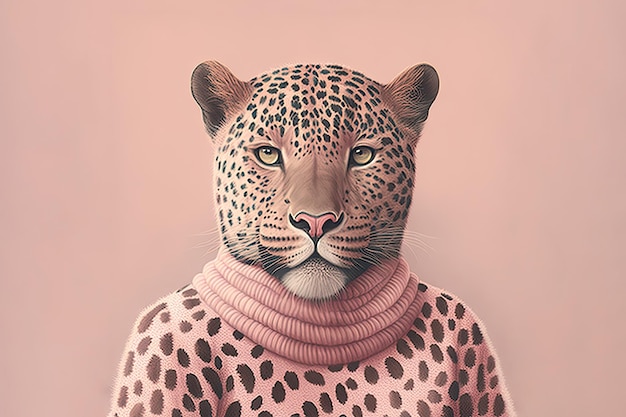 Portret van een mooie volwassen luipaard die mode roze trui draagt op een lichte achtergrond Generatieve AI