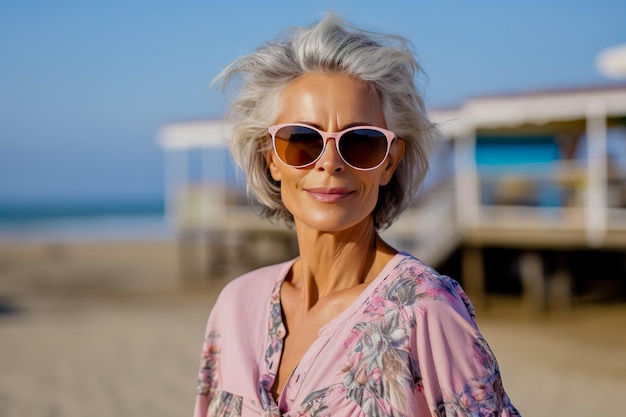 Portret van een mooie volwassen vrouw in casual aan zee met een zonnebril