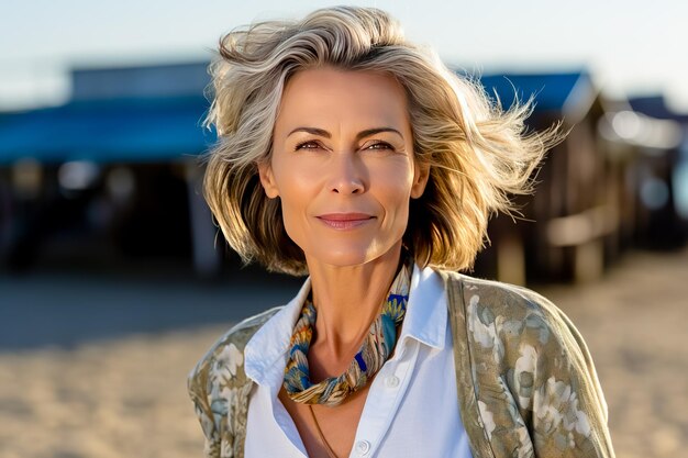 Portret van een mooie volwassen vrouw in casual aan zee