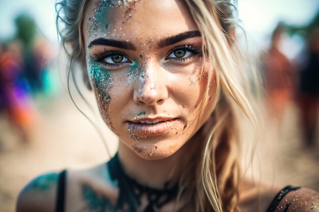 Portret van een mooie vrouw aan het einde van een festival met haar make-up en glitter verdwenen Ai gegenereerd