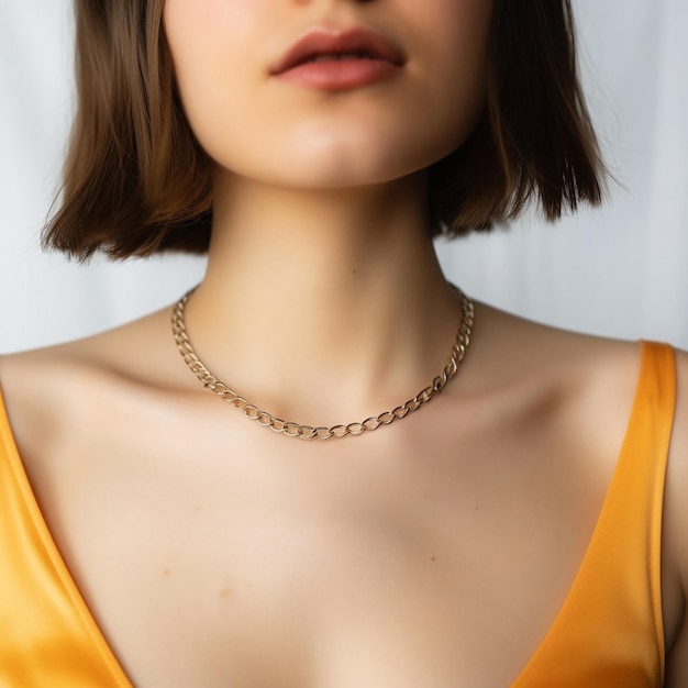 Portret van een mooie vrouw die een zilveren ketting halsketting draagt