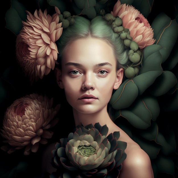 Portret van een mooie vrouw in bloemen