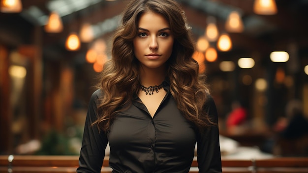 portret van een mooie vrouw in een café in de stad mooi meisje in een donkere avond avond jurk een model met donker haar in een