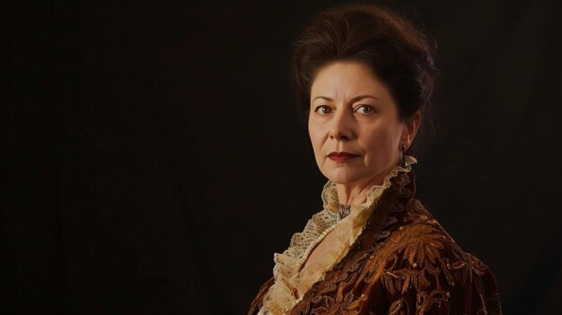 Foto portret van een mooie vrouw in een historische jurk ze draagt een bruine jurk met een witte kraag haar haar is donker en teruggetrokken in een broodje