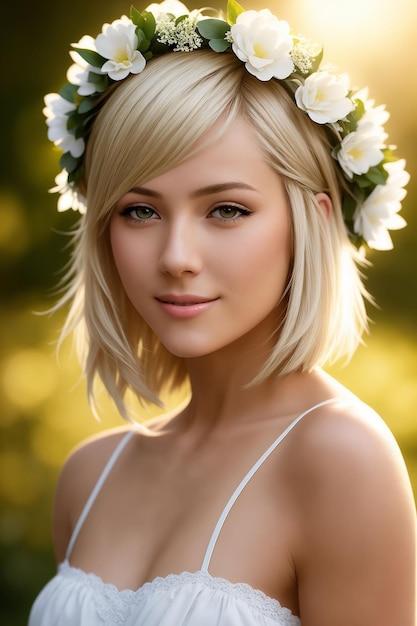 Portret van een mooie vrouw in zomerkleding met een bloemenkrans op haar hoofd Generatieve AI