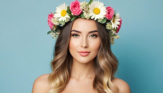 Portret van een mooie vrouw in zomerkleding met een bloemenkrans op haar hoofd