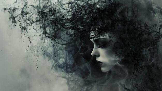 Foto portret van een mooie vrouw met donker haar en een rokerige etherische uitstraling