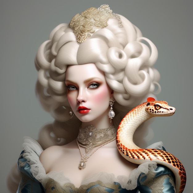 portret van een mooie vrouw met een barokke pruik en een slang op haar schouder illustratie