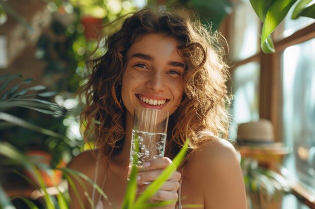 Portret van een mooie vrouw met een glas zoet water