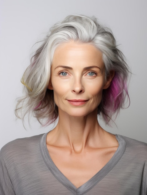 Portret van een mooie vrouw met schone en natuurlijke huid, gezicht, cosmetische veelkleurige haren