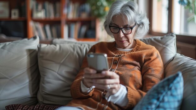 Portret van een mooie, witharige oudere vrouw na haar pensionering met behulp van een smartphone