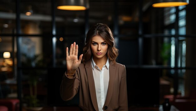 Portret van een mooie zakenvrouw die een stopgebaar met haar hand toont