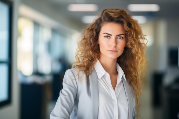 portret van een mooie zakenvrouw met krullend haar die in een kantoor stock foto staat
