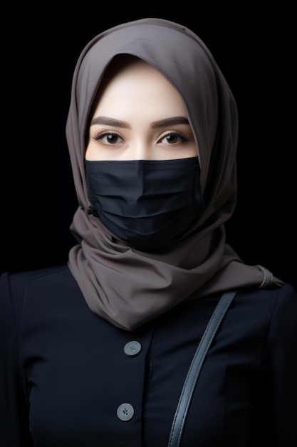 portret van een moslimvrouw die een gezichtsmasker draagt op zwarte achtergrond