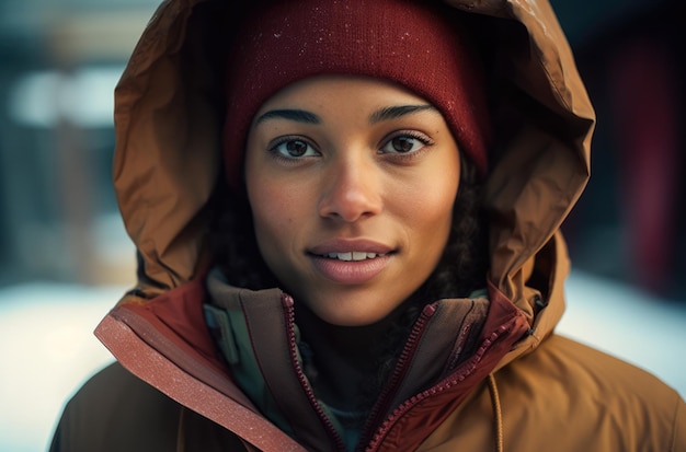 Portret van een multi-etnische vrouw wandelaar in de winter