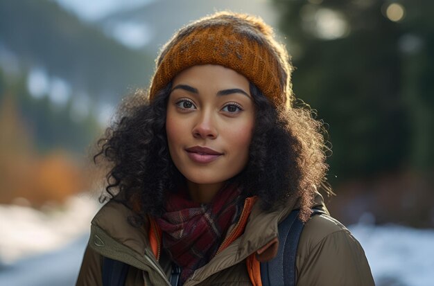 Portret van een multi-etnische vrouw wandelaar in de winter