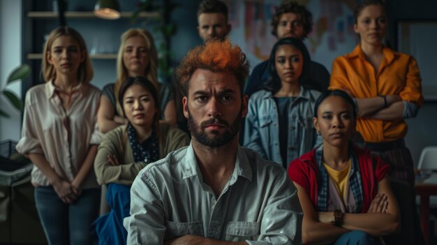 Foto portret van een multiculturele groep vrienden stress en ernst op de werkplek diversiteit en inclusie