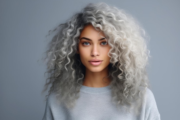 Portret van een multiculturele jonge vrouw met krullend wit haar in een studio opname