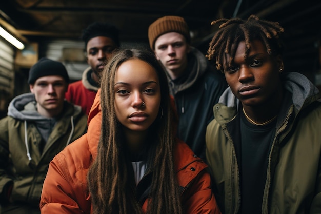 Portret van een multiraciale groep tieners die ontspannen in een donkere garage