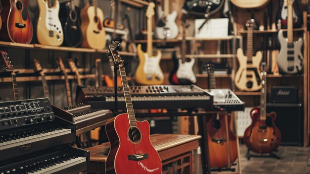 Foto portret van een muziekwinkel met instrumenten en gitaren worden weergegeven onder geel licht met een levendige klassieke weergave generatieve ai