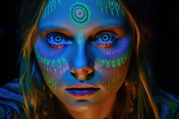 Portret van een mystieke fantasie bioluminescent neon vrouw Betoverende modieuze dame