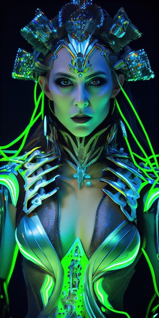 Portret van een mystieke fantasie bioluminescent neon vrouw Betoverende modieuze dame