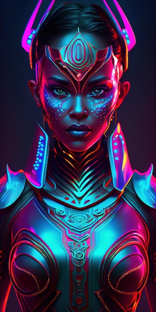 Portret van een mystieke fantasie bioluminescent neon vrouw Betoverende modieuze dame